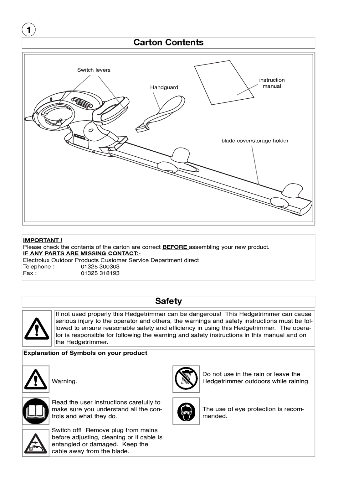 Electrolux T510, HT600, HT51, HT450, HT420, 96481470100, 96481480100, 96481570100 manual Carton Contents, Safety 