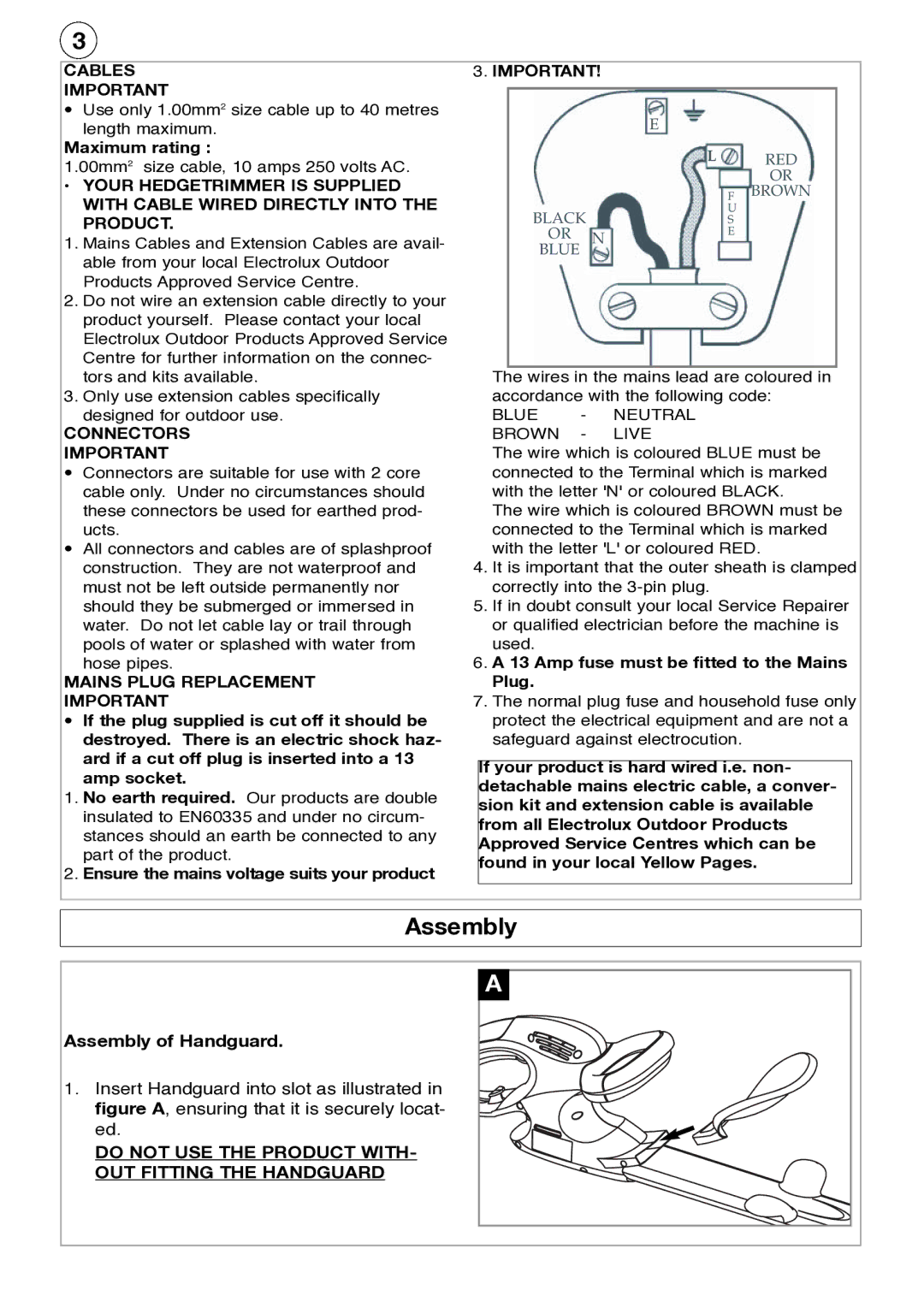 Electrolux HT51, T510, HT600, HT42 Maximum rating, Ensure the mains voltage suits your product, Assembly of Handguard 