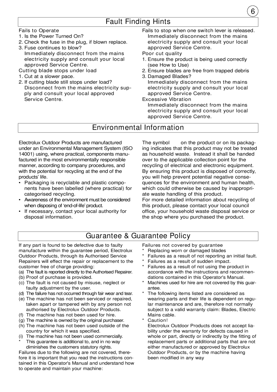 Electrolux HT45, T510, HT600 Fault Finding Hints, Environmental Information, Guarantee & Guarantee Policy, Fails to Operate 