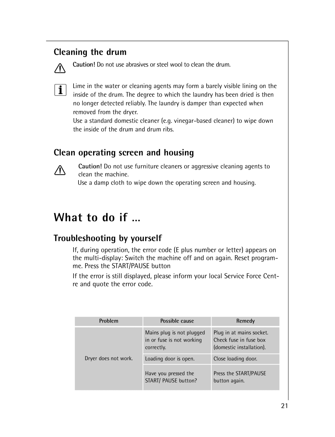 Electrolux T56830 What to do if …, Cleaning the drum, Clean operating screen and housing, Troubleshooting by yourself 