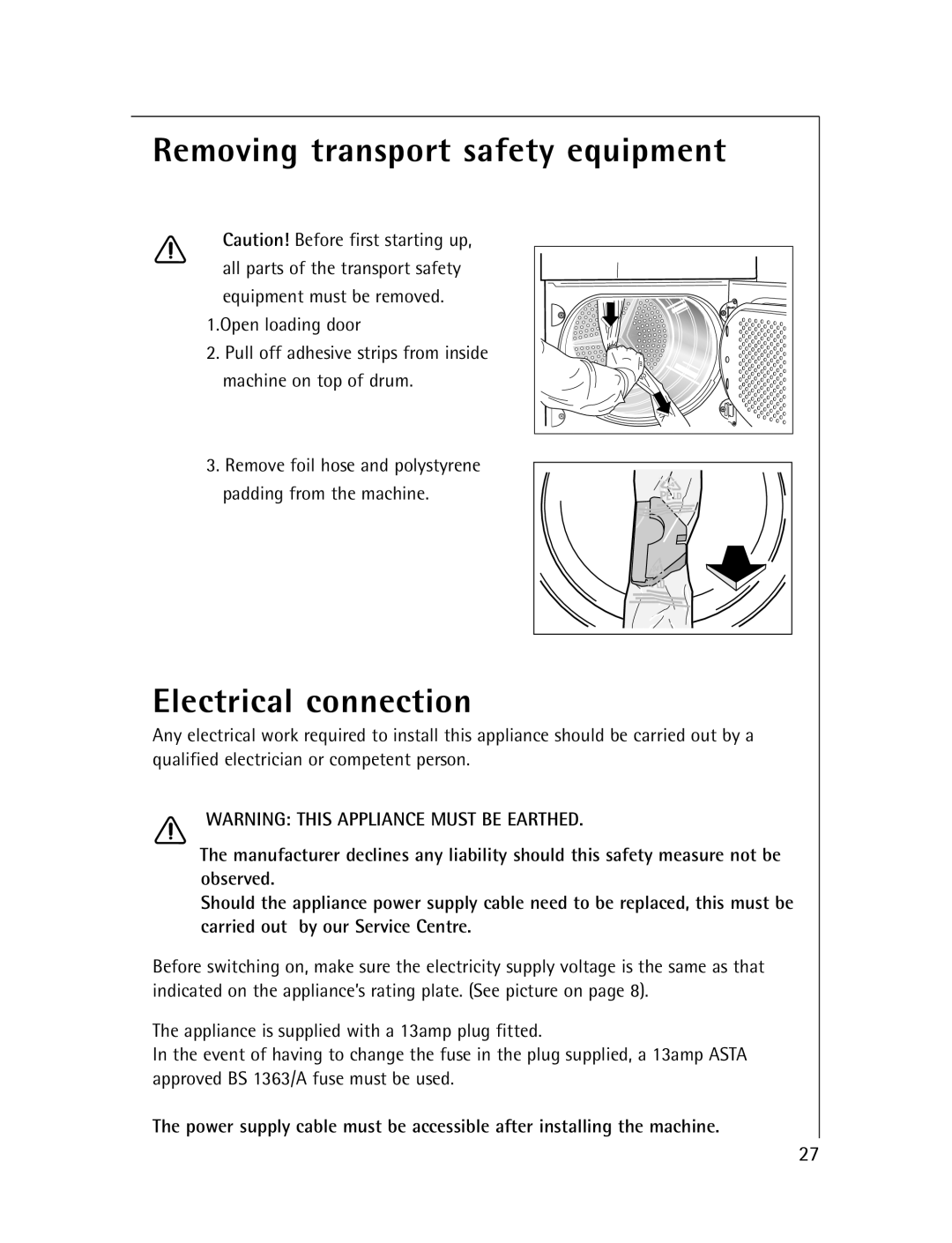 Electrolux T56830 manual Removing transport safety equipment, Electrical connection 