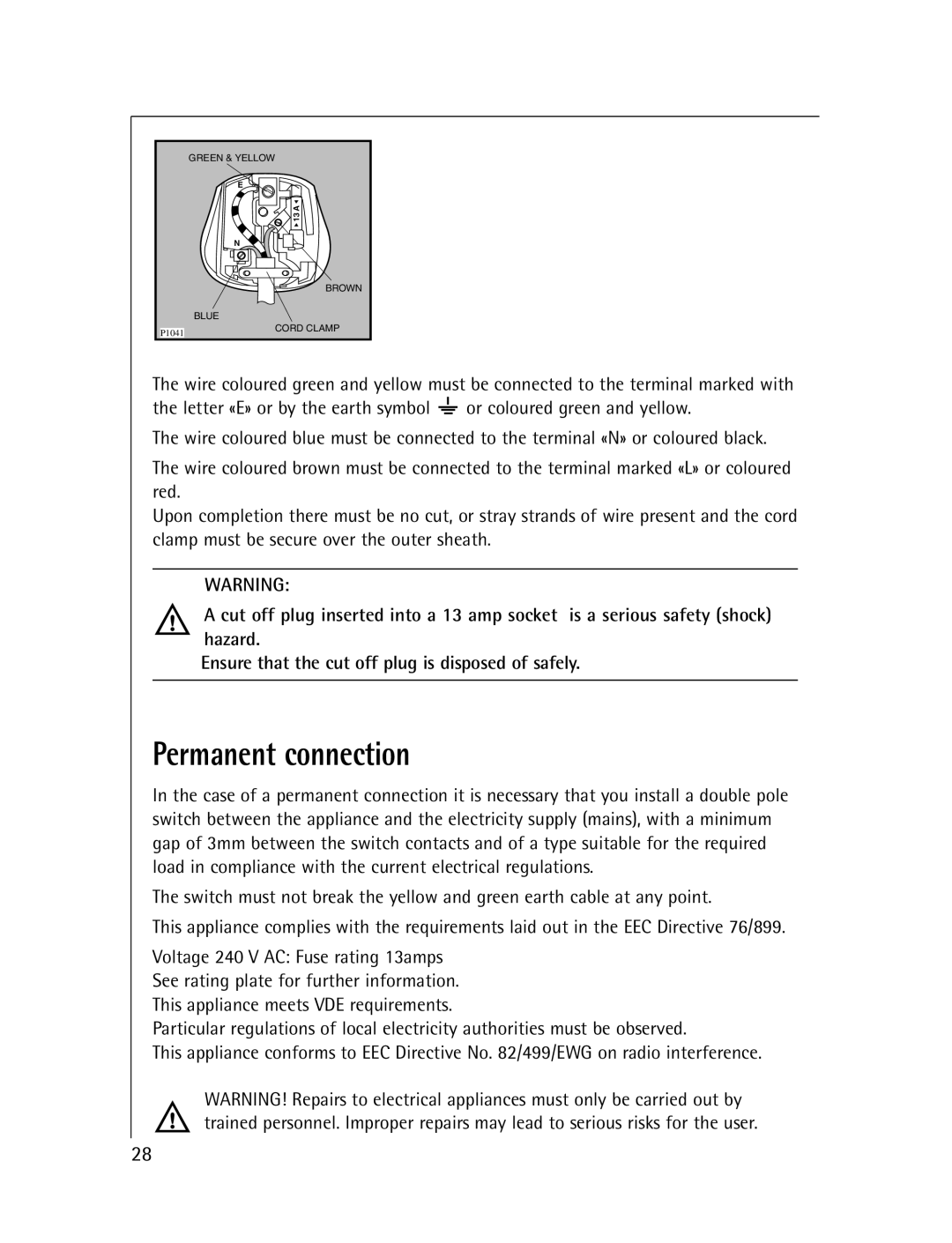 Electrolux T56830 manual Permanent connection 