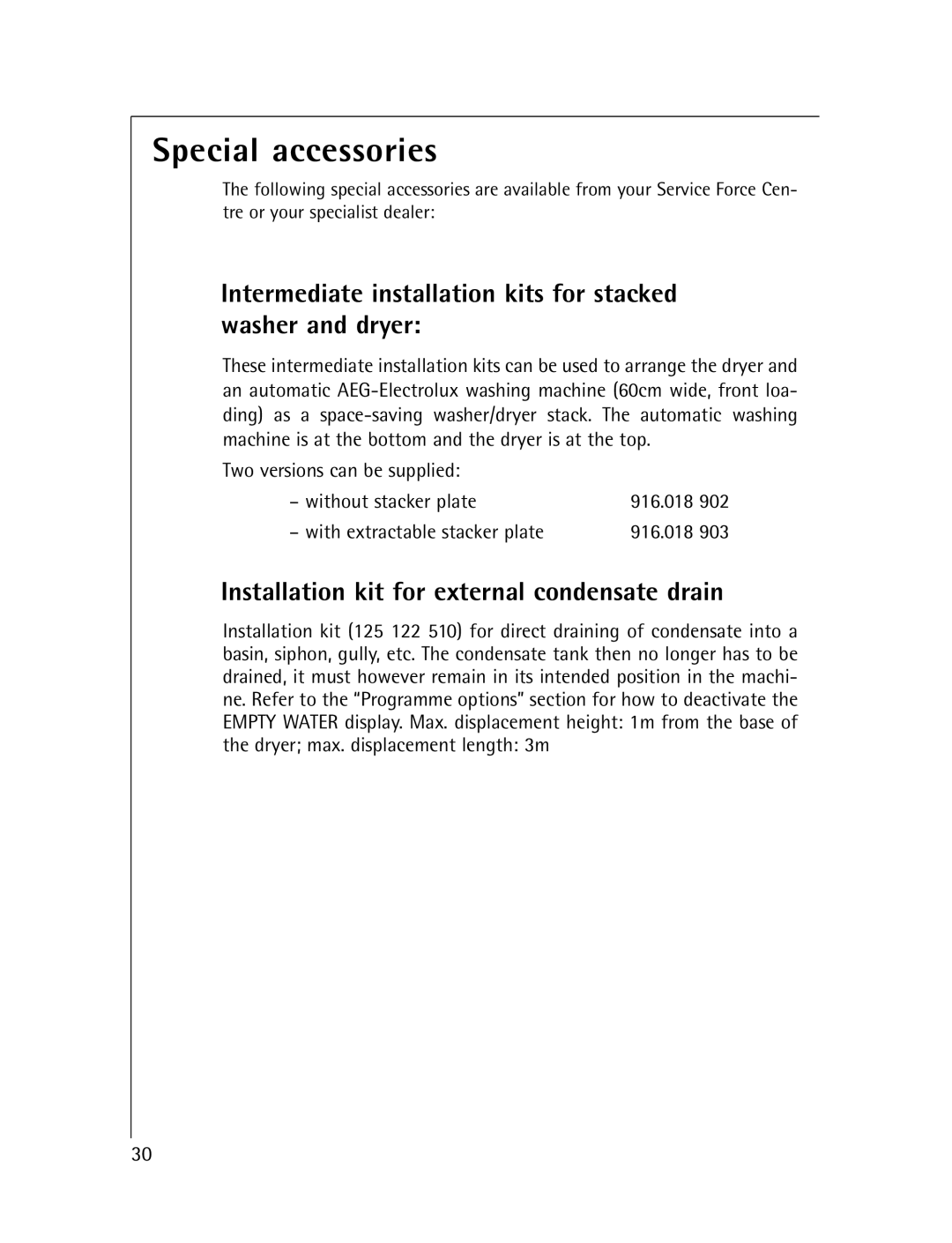 Electrolux T56830 manual Special accessories, Intermediate installation kits for stacked washer and dryer 