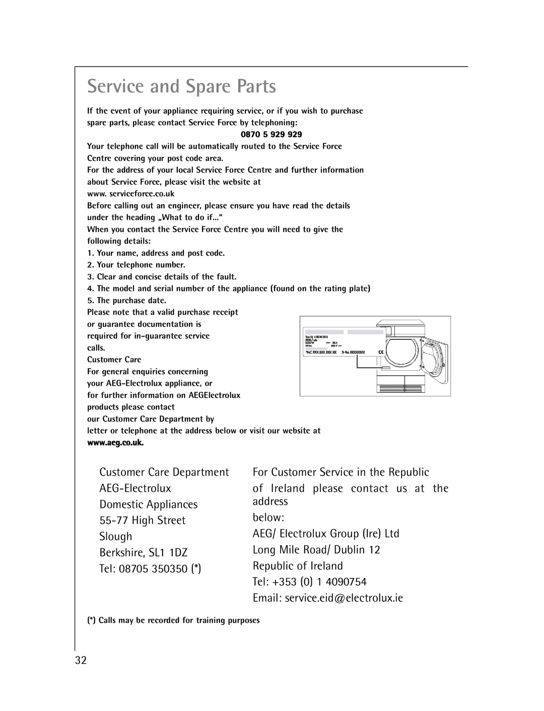 Electrolux T56830 manual Service and Spare Parts 