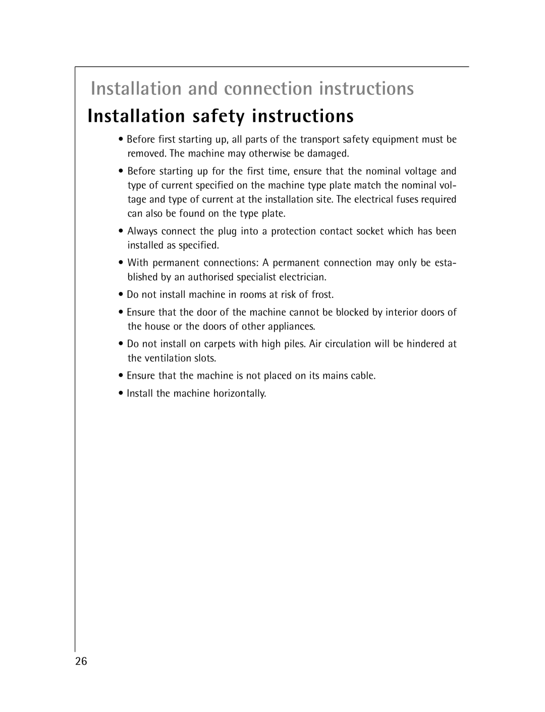 Electrolux T57830 manual Installation and connection instructions, Installation safety instructions 