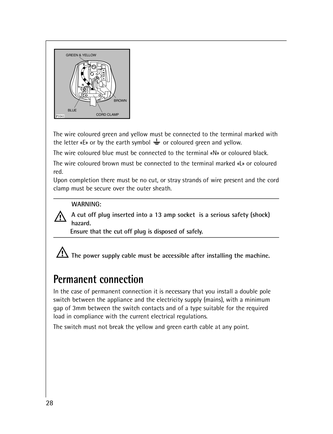 Electrolux T57830 manual Permanent connection 