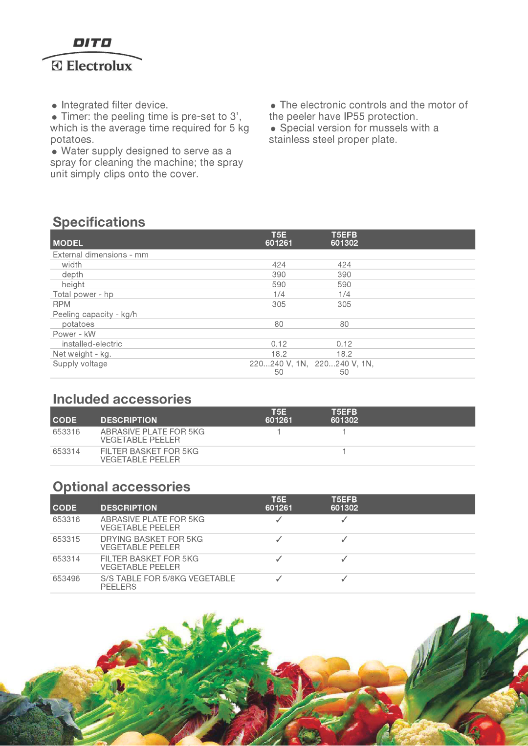 Electrolux 601261, T5EFB, 601302 manual Specifications, Included accessories, Optional accessories 