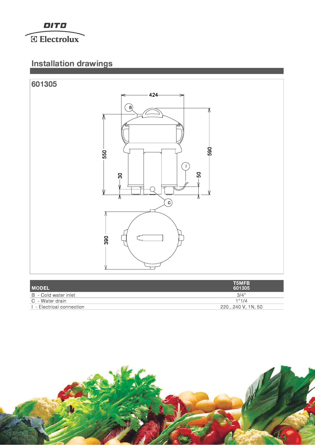 Electrolux T5MFB manual Installation drawings, 601305, Model 