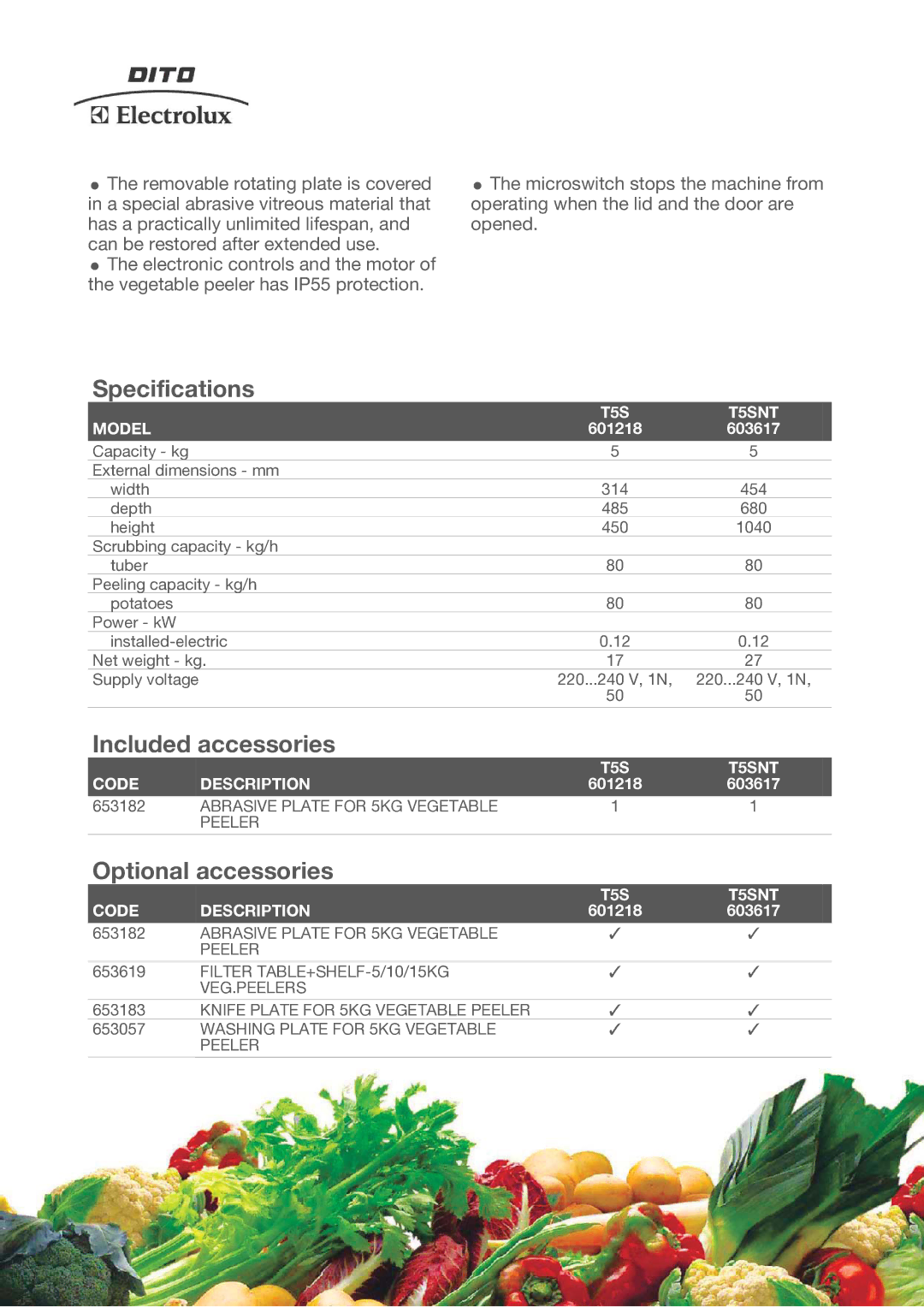 Electrolux 601218 Specifications, Included accessories, Optional accessories, T5S T5SNT Model, T5S T5SNT Code Description 