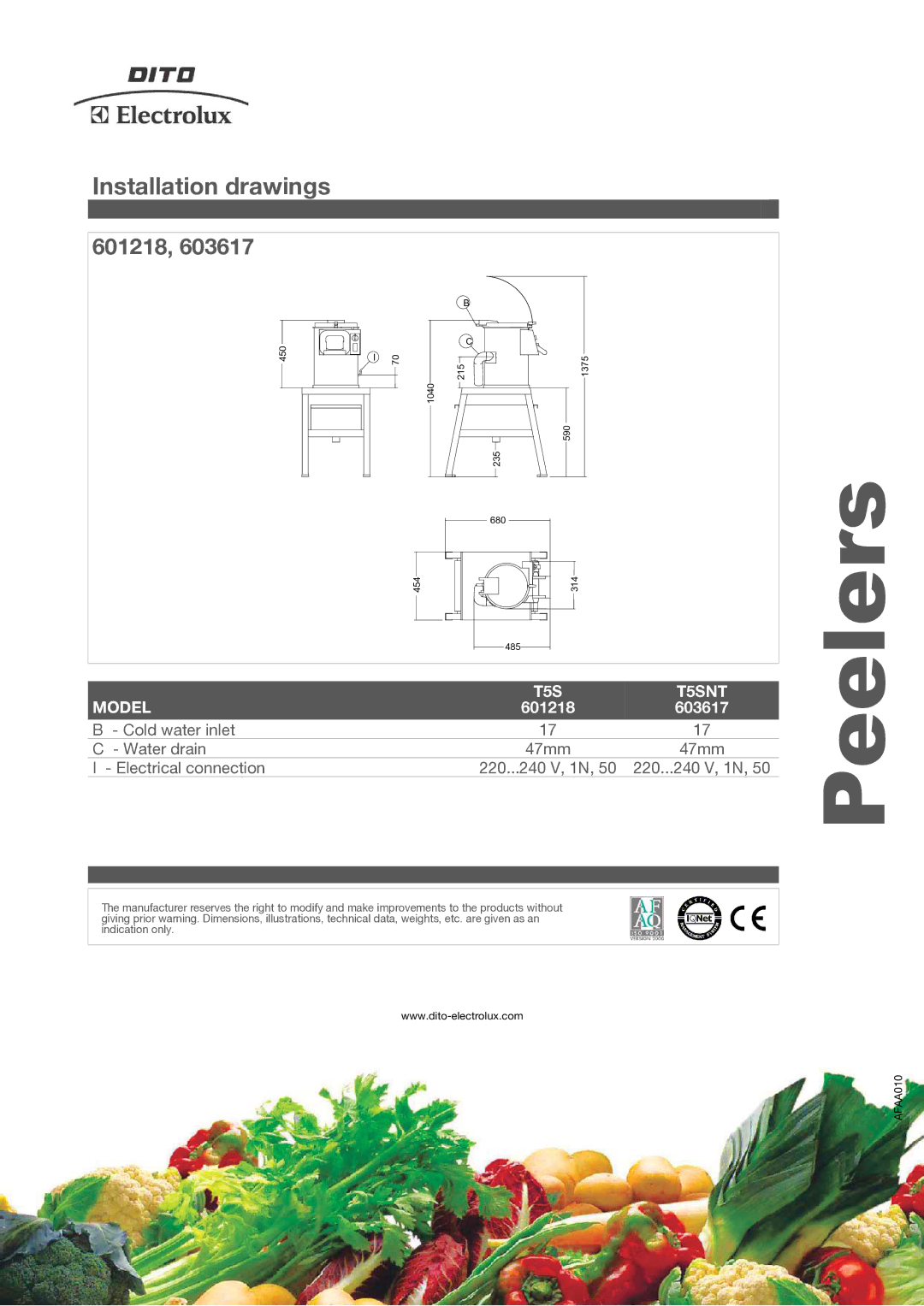 Electrolux 603617, T5SNT manual Installation drawings, 601218, Peelers 