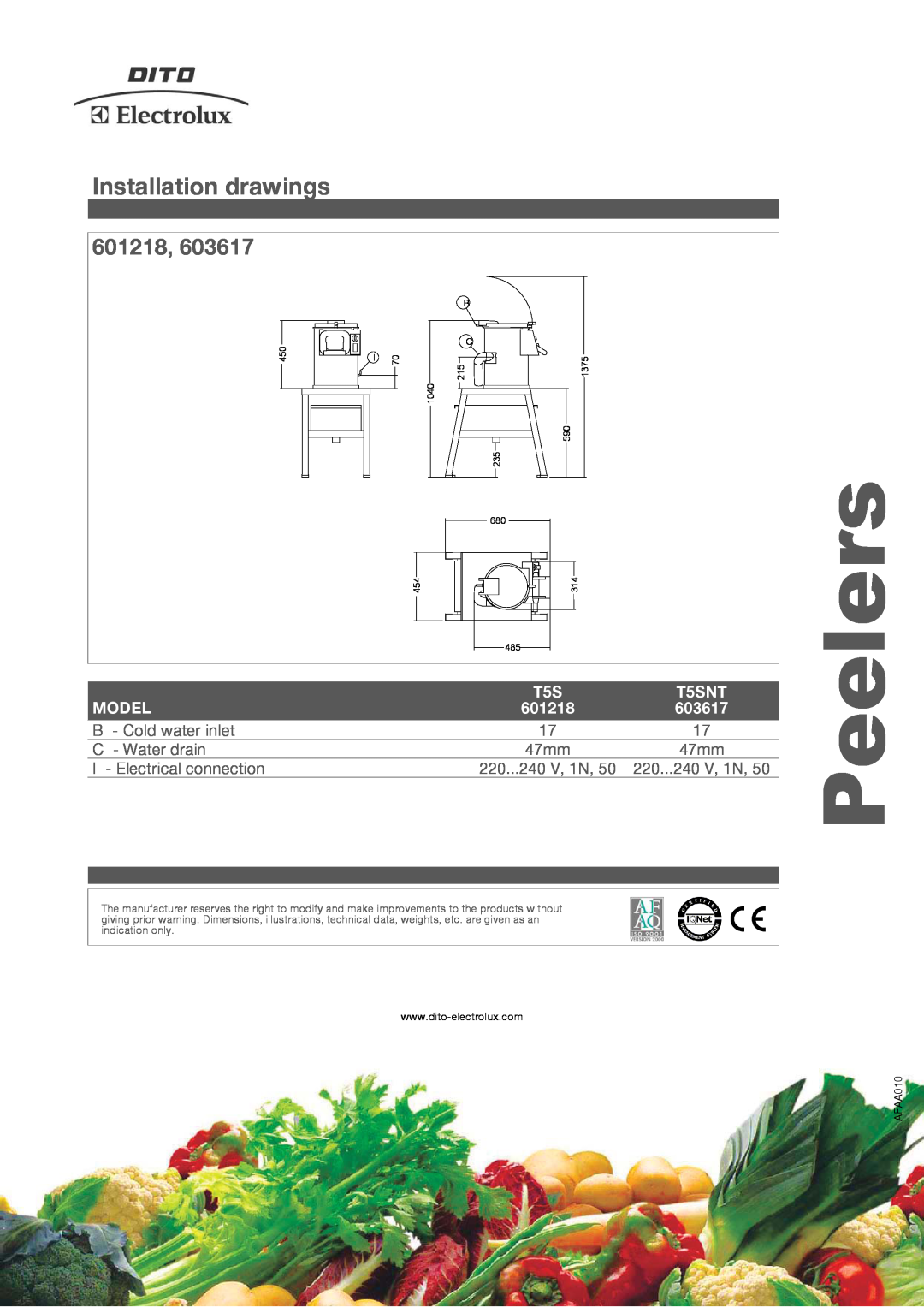 Electrolux 603617 manual Installation drawings, 601218, Peelers, Model, T5SNT, 47mm, Electrical connection, 220...240 V, 1N 