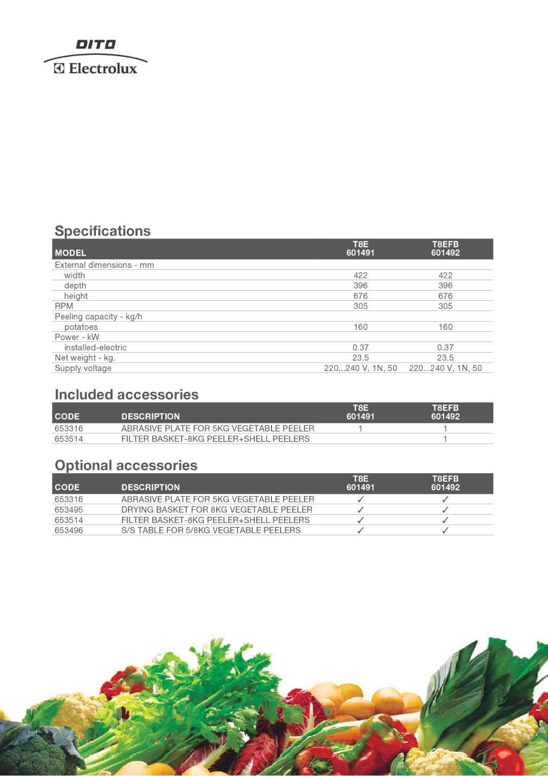 Electrolux 601492, T8EFB, 601491 manual Specifications, Included accessories, Optional accessories 