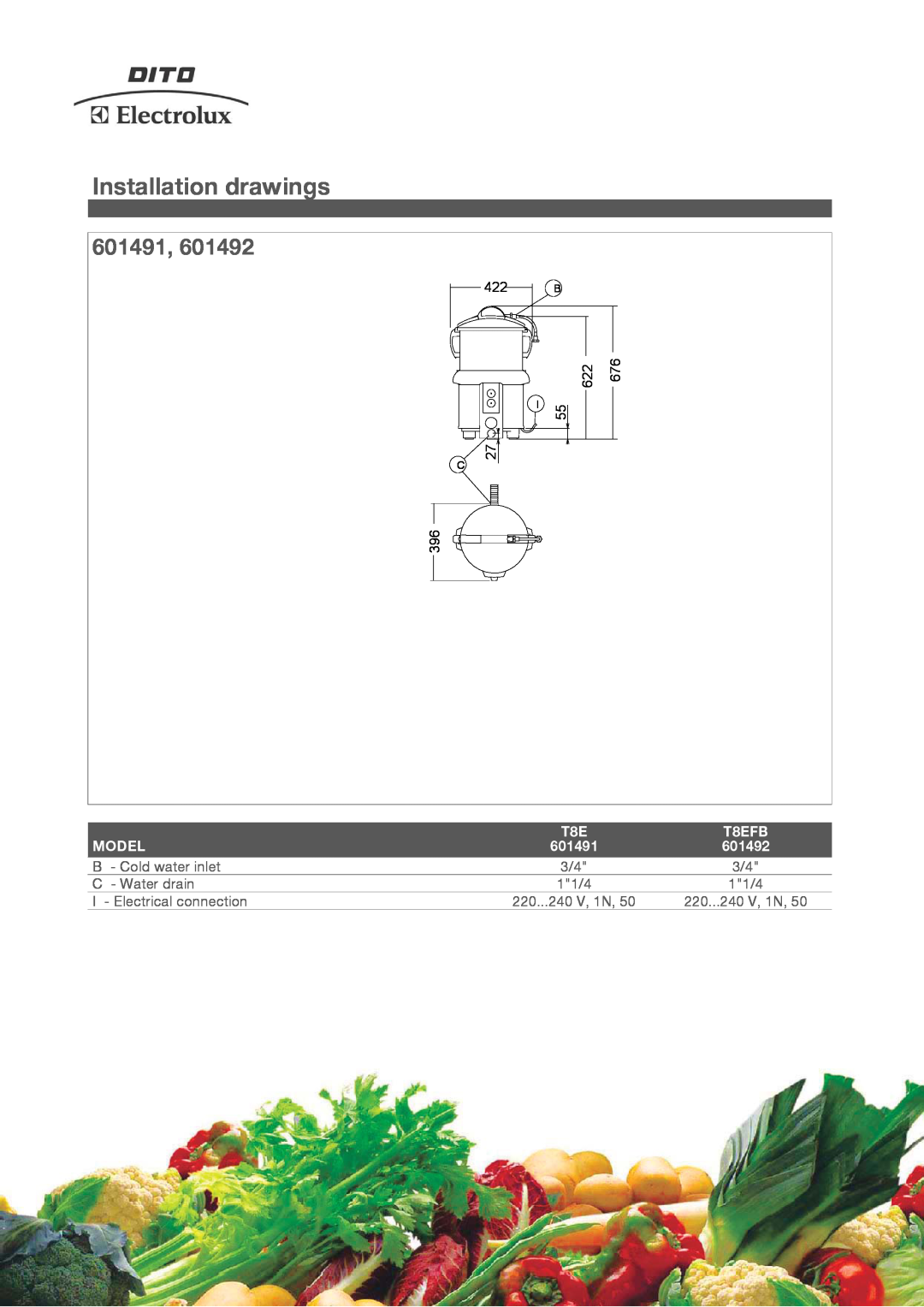 Electrolux 601491, 601492 manual Installation drawings, T8EFB, Model 