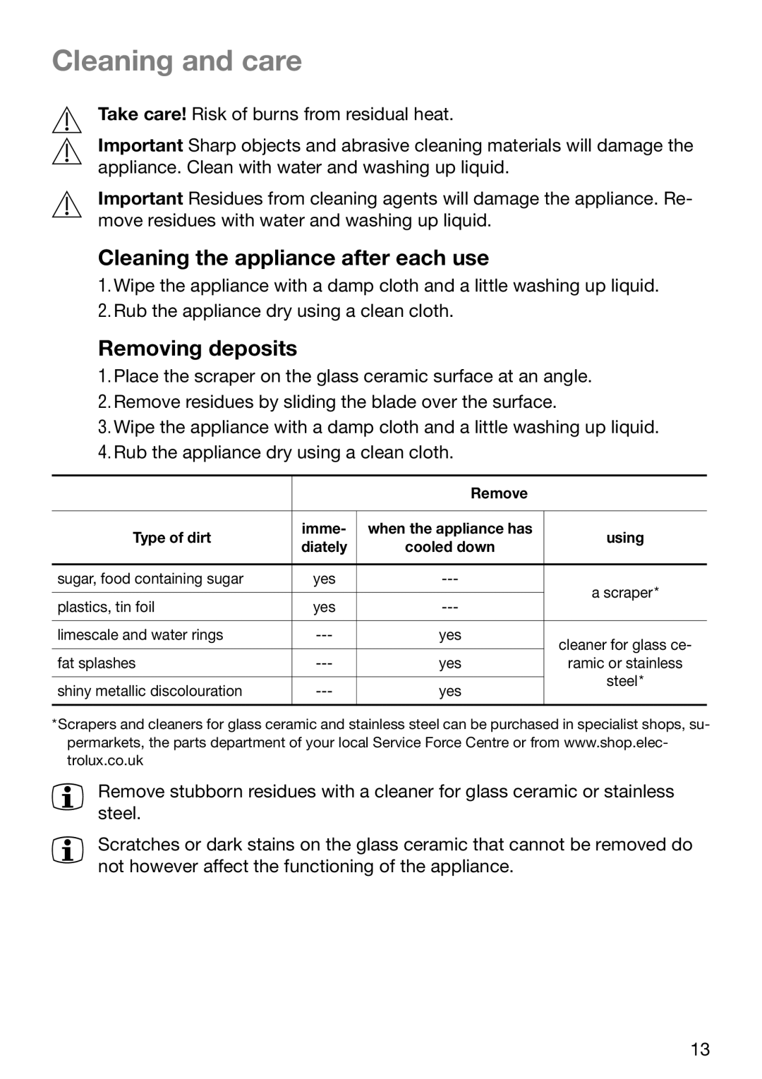 Electrolux TBC 651 X installation instructions Cleaning and care, Cleaning the appliance after each use, Removing deposits 