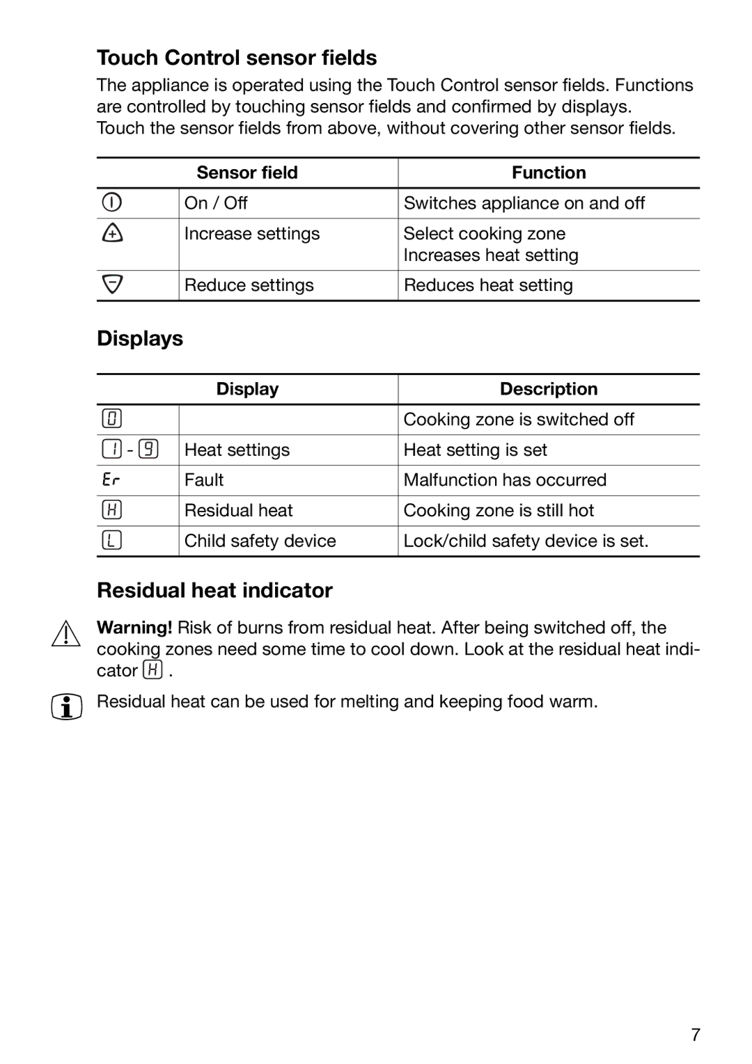 Electrolux TBC 651 X Touch Control sensor fields, Residual heat indicator, Sensor field Function, Display Description 