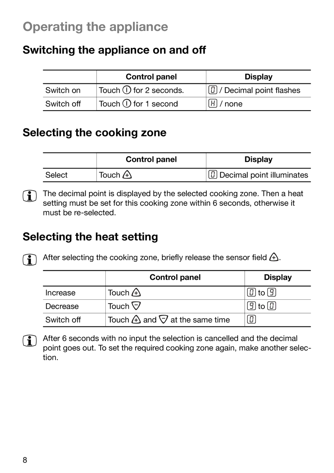 Electrolux TBC 651 X Operating the appliance, Switching the appliance on and off, Selecting the cooking zone 