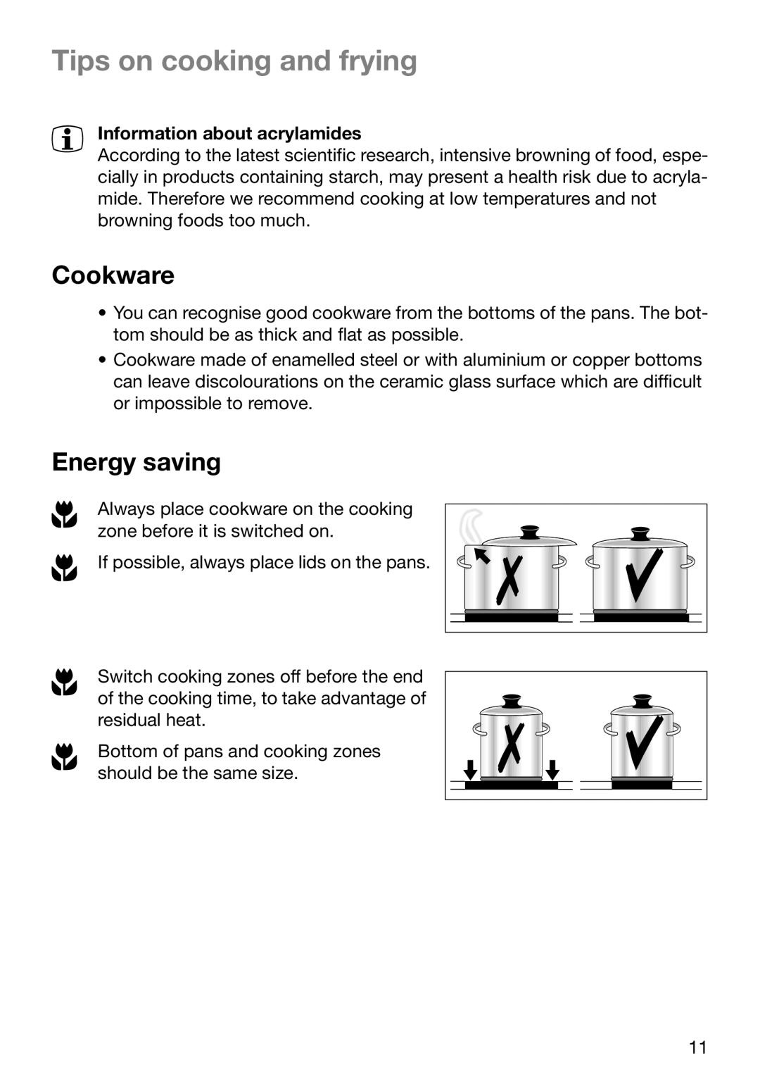 Electrolux TBC 651 X installation instructions Tips on cooking and frying, Cookware, Energy saving 
