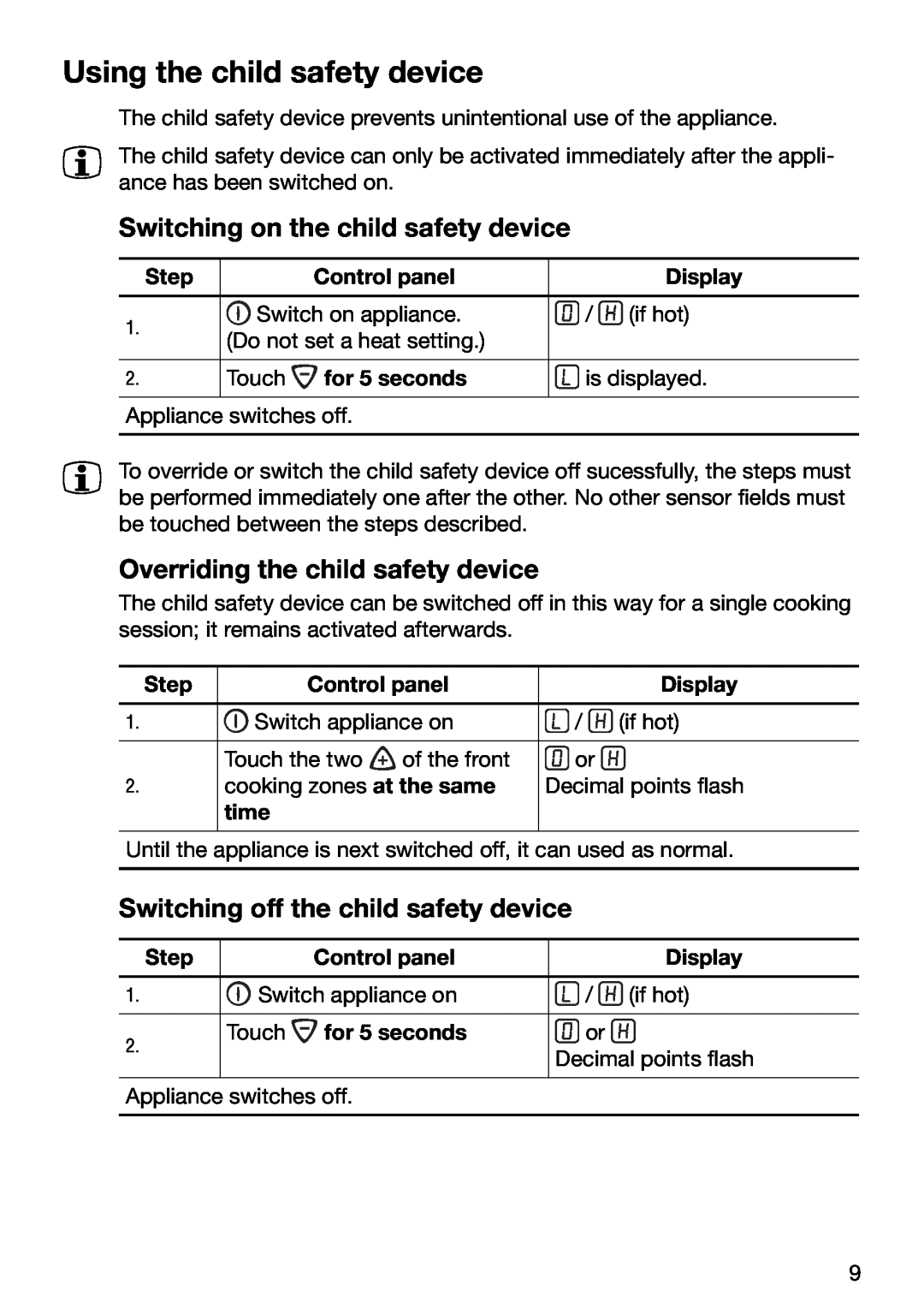 Electrolux TBC 651 X installation instructions Using the child safety device, Switching on the child safety device 