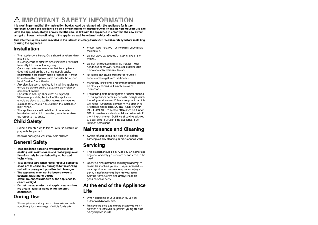 Electrolux TBFF 37 installation instructions Important Safety Information, Installation 