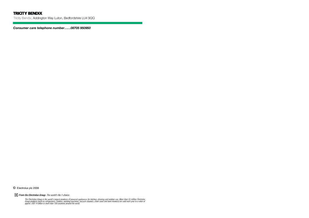 Electrolux TBFF 37 installation instructions Consumer care telephone number……08705 