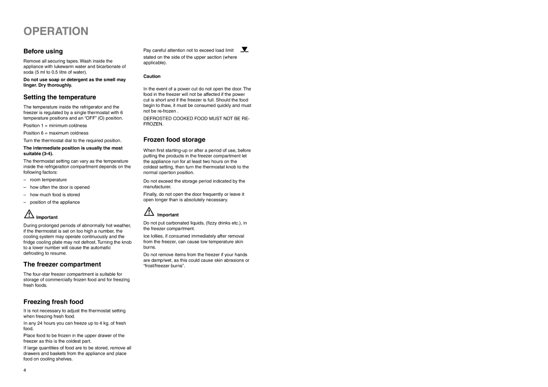 Electrolux TBFF 37 installation instructions Operation 