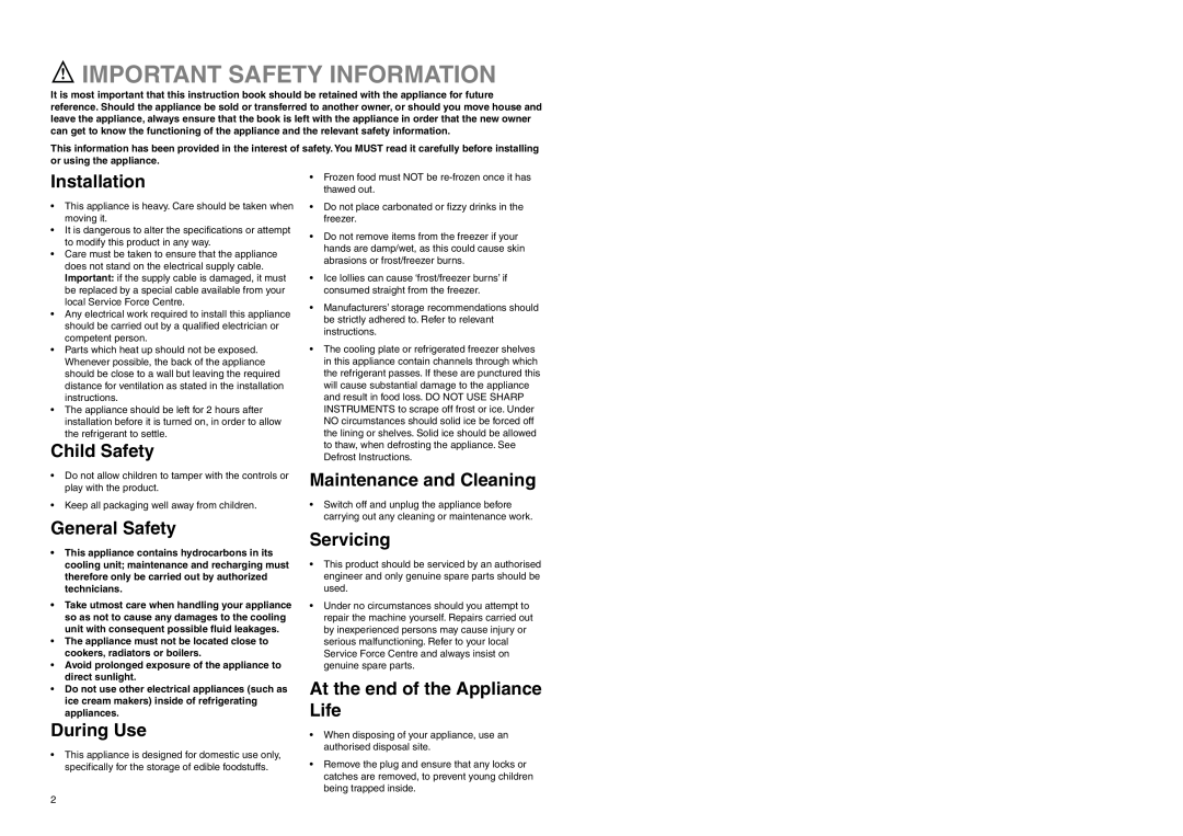 Electrolux TBFF 37 Important Safety Information, Installation, Child Safety, General Safety, During Use, Servicing 