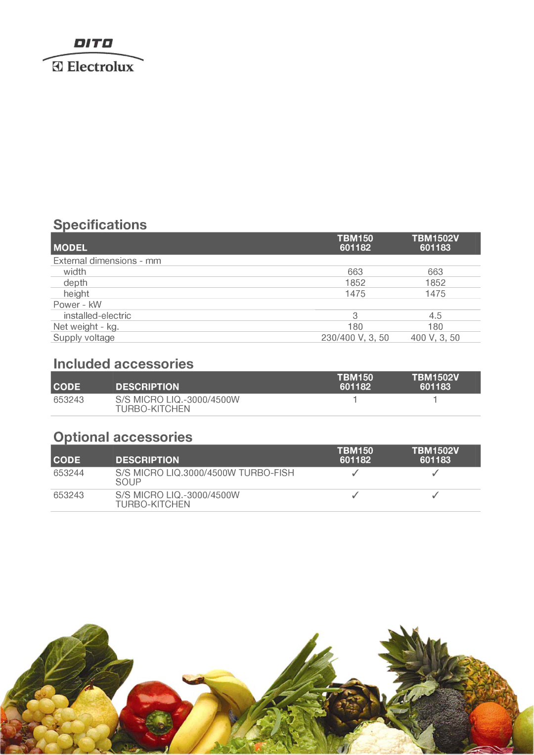 Electrolux 601182, TBM1502V, 601183 manual Specifications, Included accessories, Optional accessories 