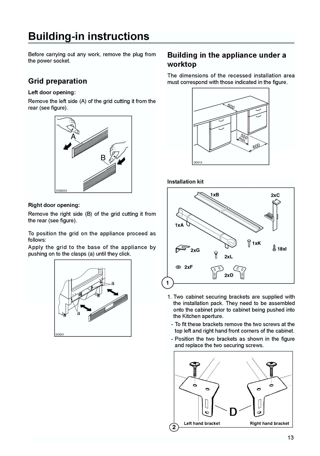 Electrolux TBUL 140 Building-in instructions, Grid preparation Building in the appliance under a worktop, Installation kit 