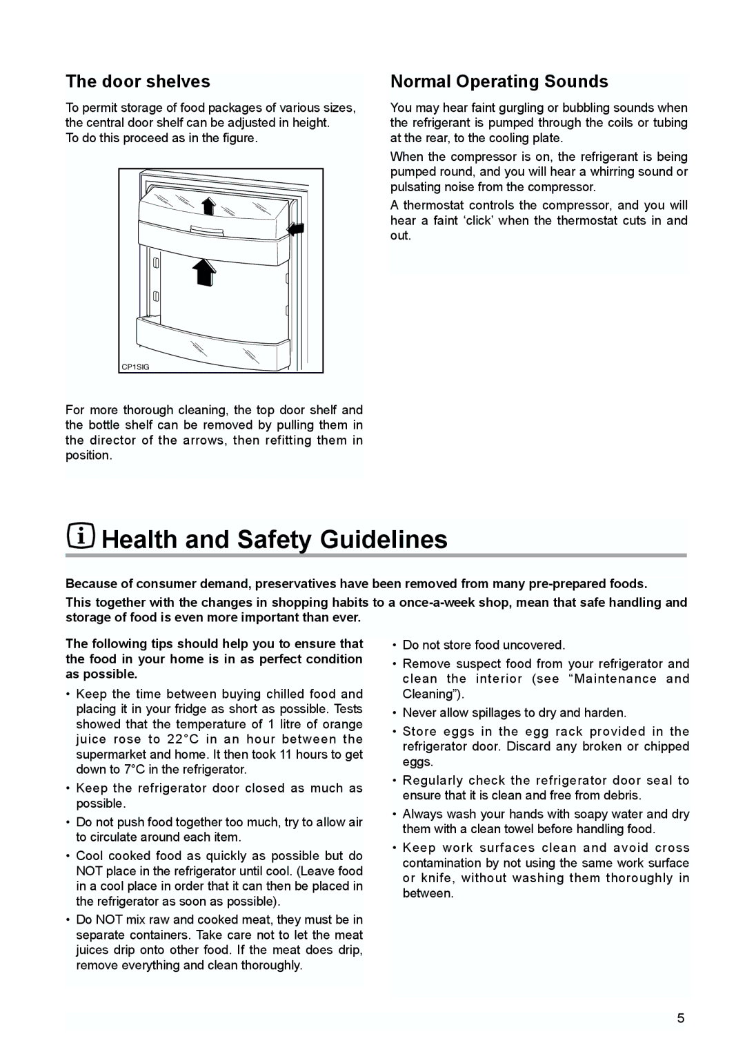 Electrolux TBUL 140 installation instructions Health and Safety Guidelines, Door shelves, Normal Operating Sounds 