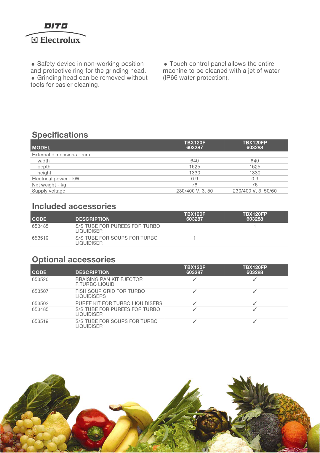 Electrolux TBX120FP, 603287, 603288 manual Specifications, Included accessories, Optional accessories 