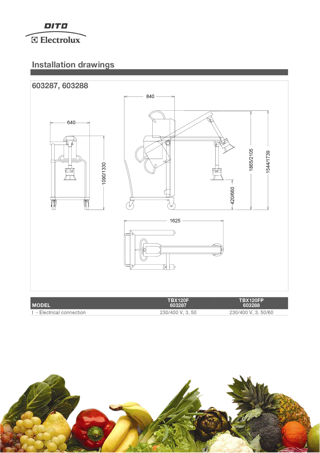 Electrolux 603287, TBX120FP, 603288 manual Installation drawings 