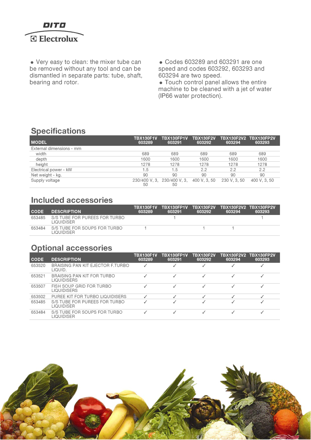 Electrolux TBX130F1V, TBX130FP2V, TBX130FP1V, TBX130F2V2, 603292 Specifications, Included accessories, Optional accessories 