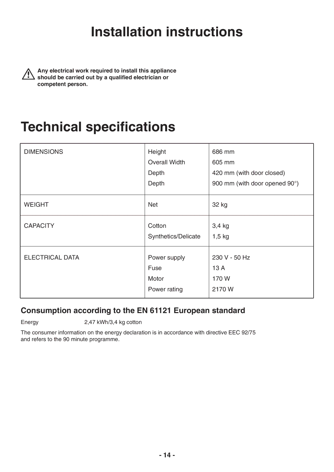 Electrolux TC 180 manual Installation instructions, Technical speciﬁcations 