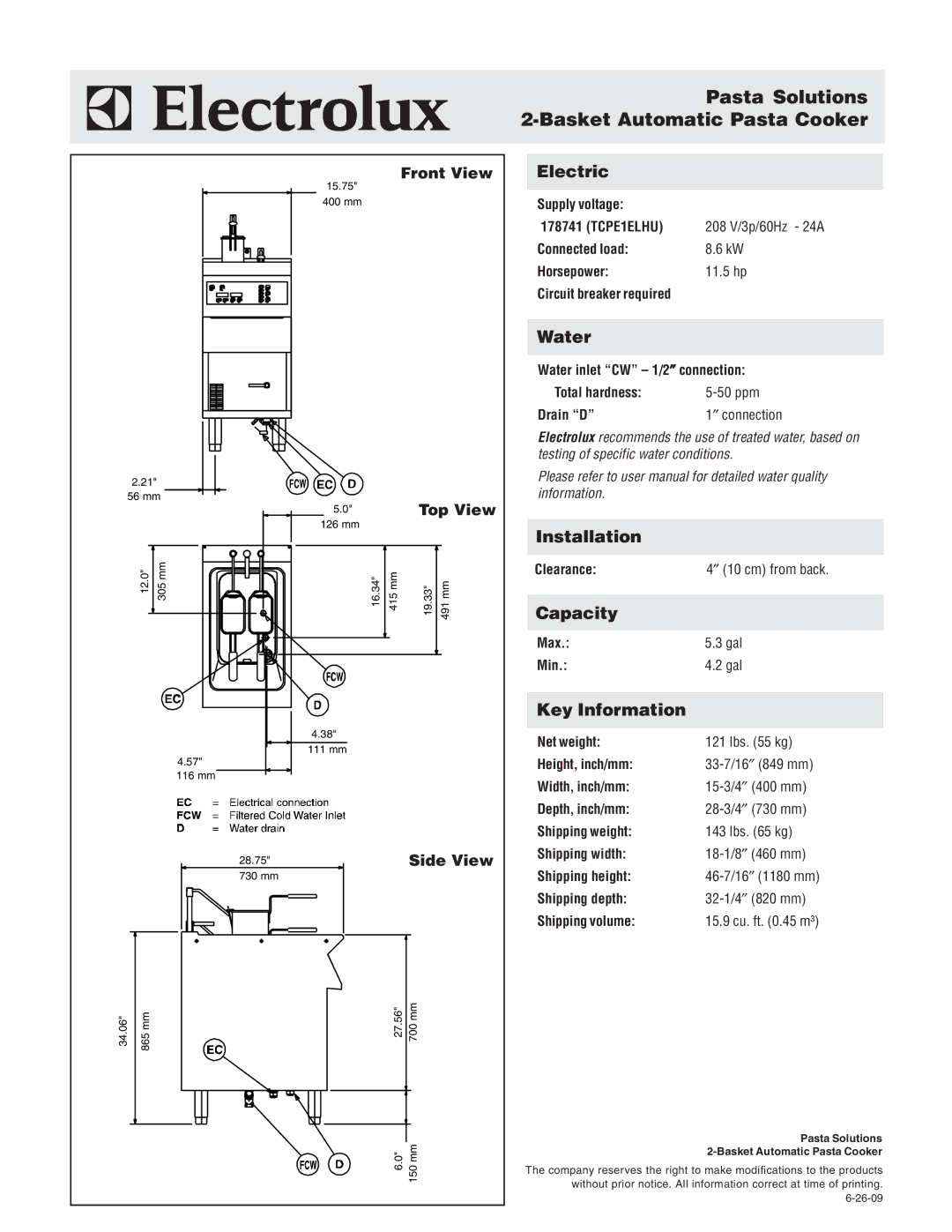 Electrolux TCPE1ELHU, 178741 warranty Pasta Solutions 2-Basket Automatic Pasta Cooker 