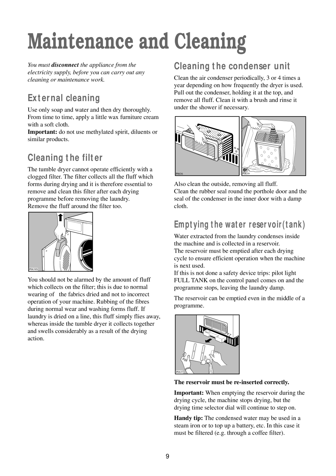 Electrolux TDC 1000 W manual Maintenance and Cleaning, External cleaning, Cleaning the condenser unit, Cleaning the filter 