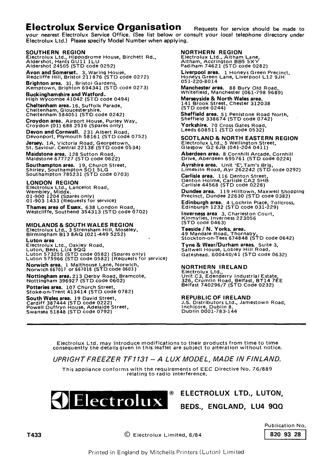 Electrolux TF1131 manual 