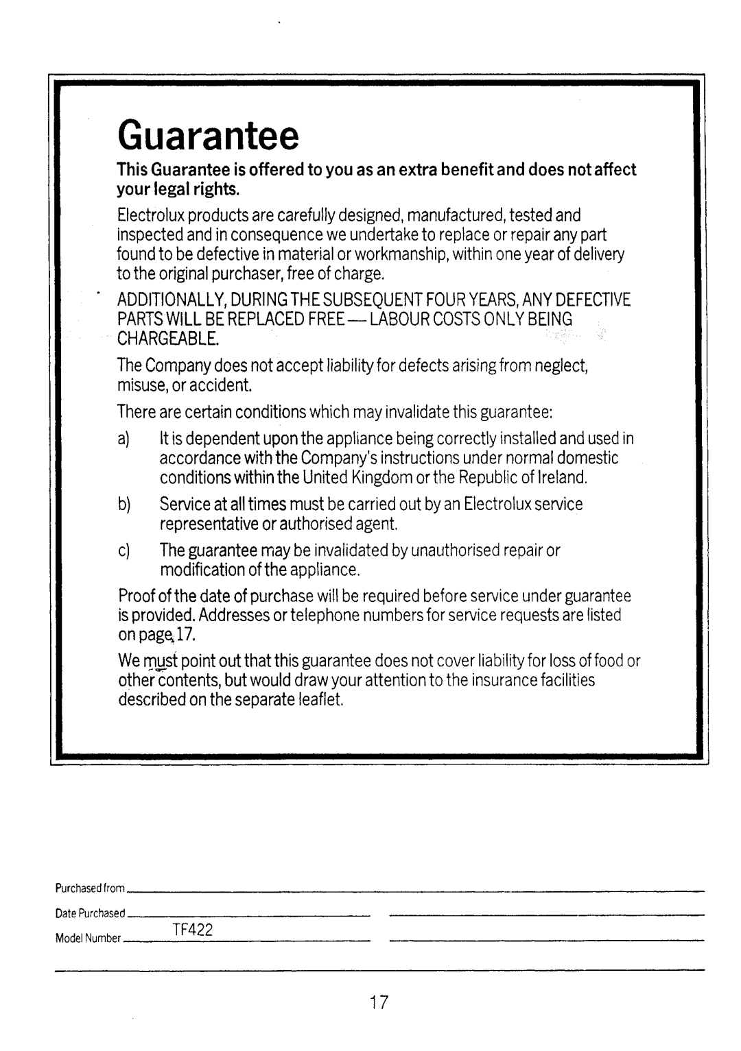 Electrolux TF422 manual 