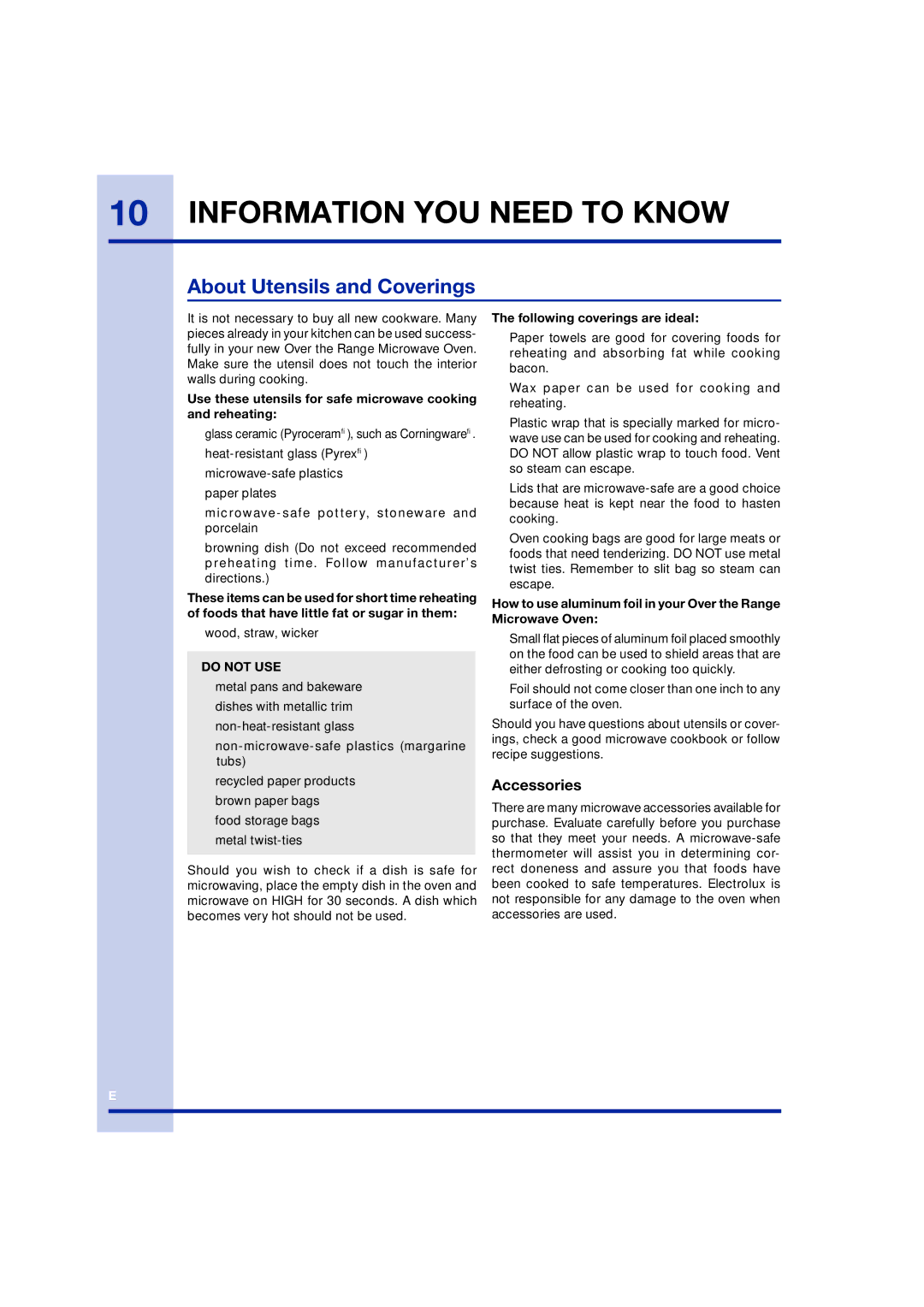 Electrolux TINSEB258WRRZ-EL01 manual About Utensils and Coverings, Accessories 