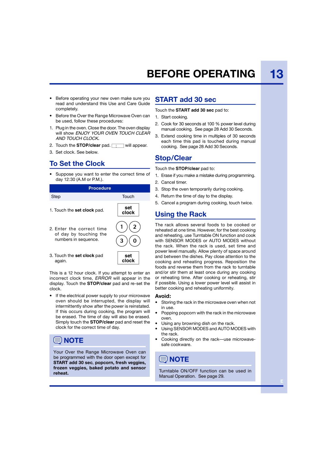Electrolux TINSEB258WRRZ-EL01 manual Before Operating, To Set the Clock, Start add 30 sec, Stop/Clear, Using the Rack 