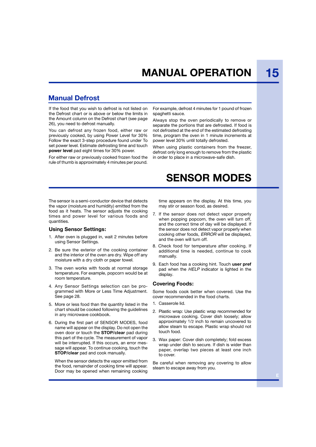 Electrolux TINSEB258WRRZ-EL01 manual Sensor Modes, Manual Defrost, Using Sensor Settings, Covering Foods 