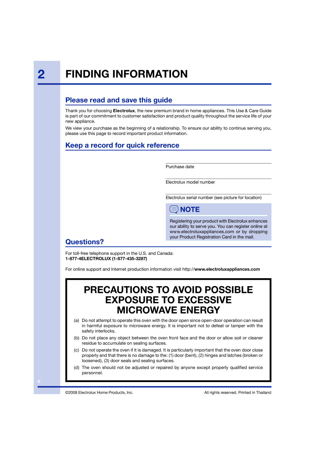 Electrolux TINSEB258WRRZ-EL01 Finding Information, Please read and save this guide, Keep a record for quick reference 