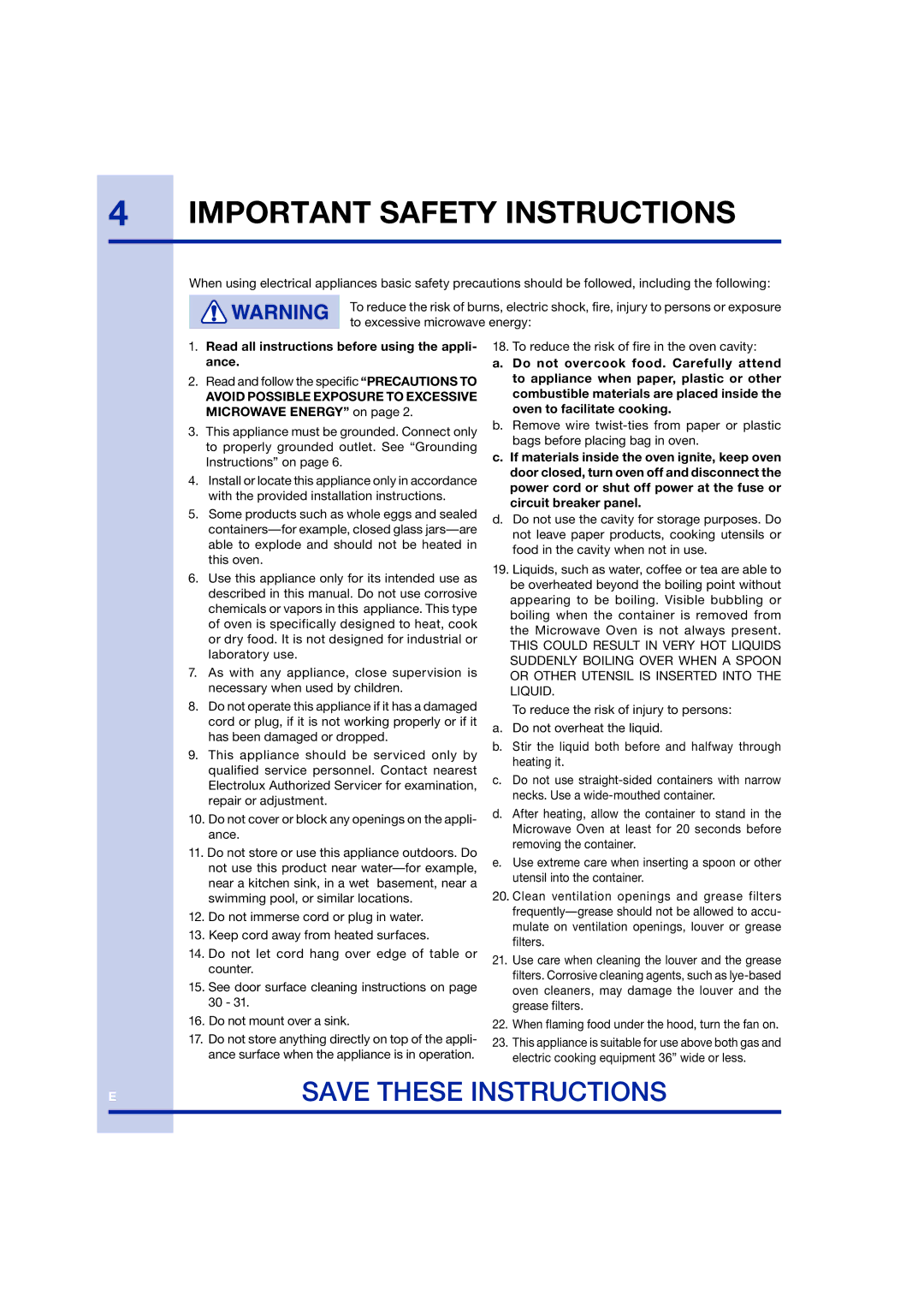 Electrolux TINSEB258WRRZ-EL01 Important Safety Instructions, Avoid Possible Exposure to Excessive Microwave Energy on 