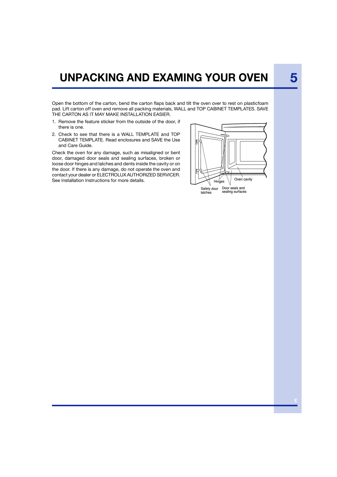 Electrolux TINSEB258WRRZ-EL01 manual Unpacking and Examing Your Oven 