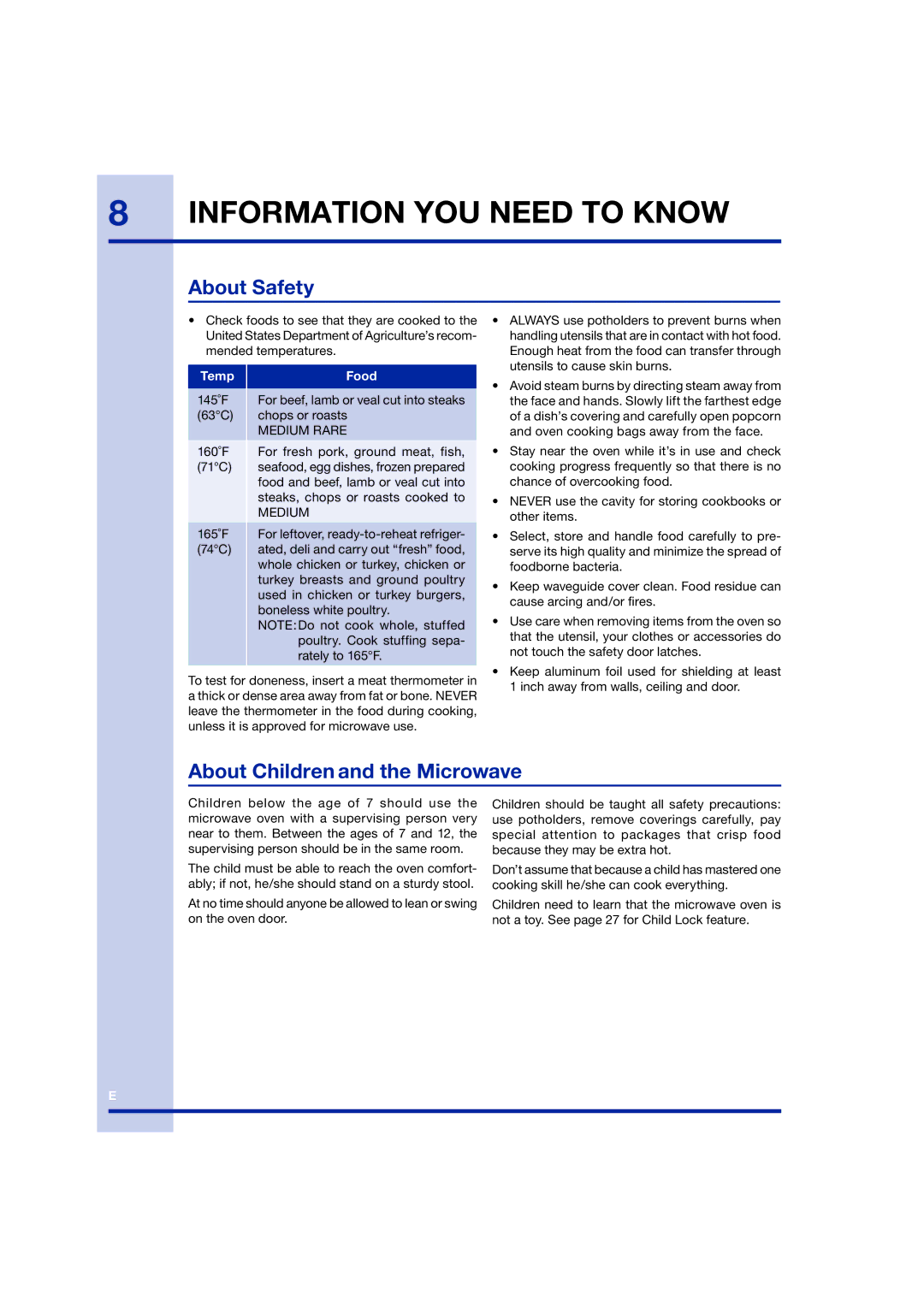 Electrolux TINSEB258WRRZ-EL01 manual About Safety, About Children and the Microwave, Medium Rare 