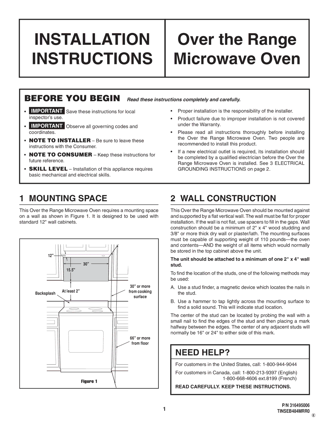 Electrolux TINSEB484MRR0 installation instructions Mounting Space, Wall Construction, Need Help? 