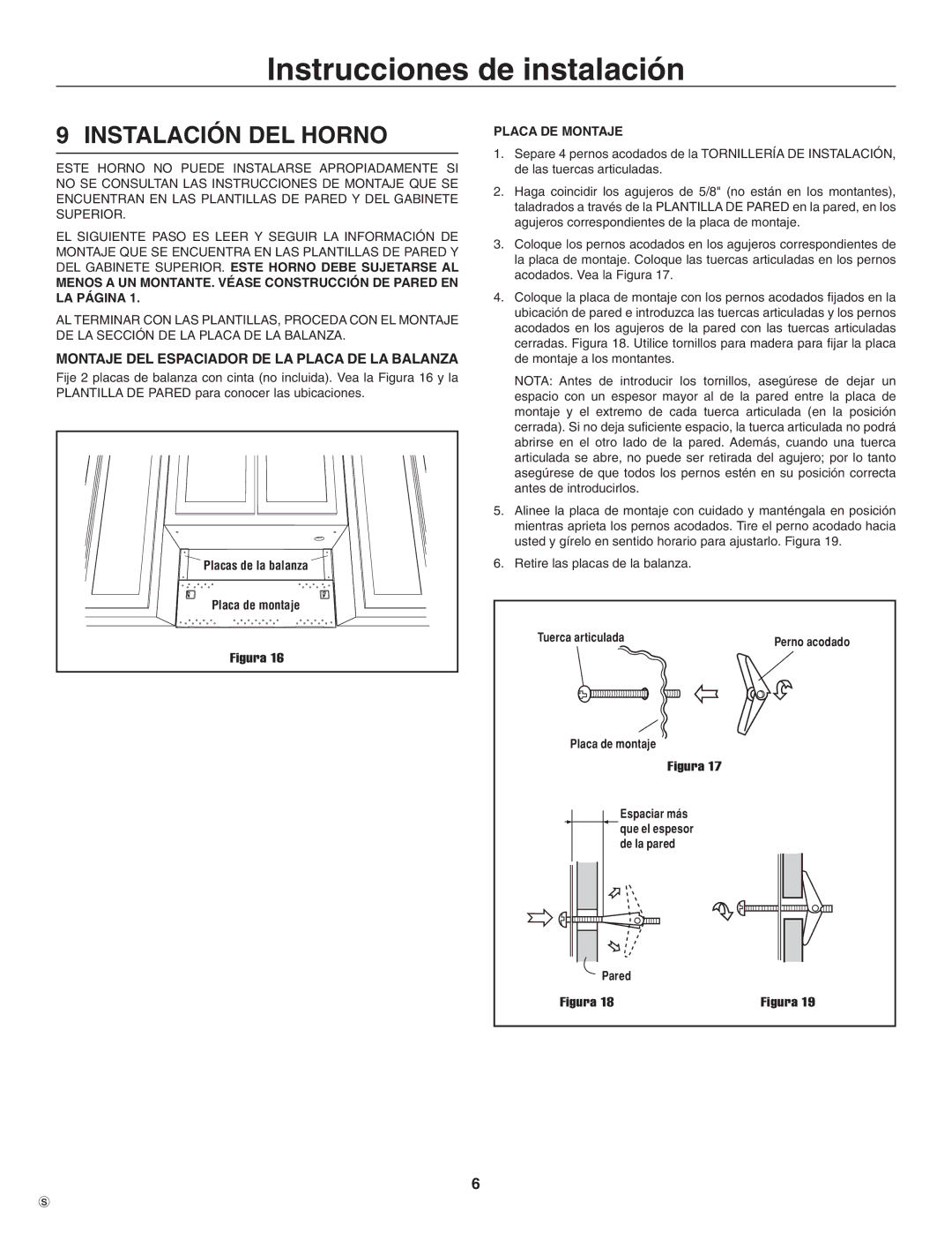 Electrolux TINSEB484MRR0 Instalación DEL Horno, Montaje DEL Espaciador DE LA Placa DE LA Balanza, Tuerca articulada 