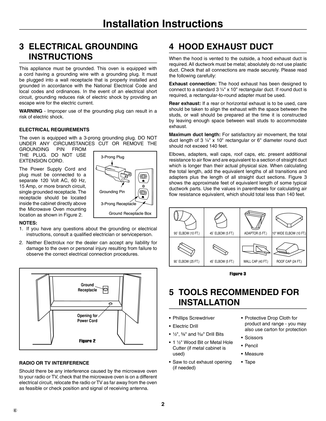 Electrolux TINSEB484MRR0 Electrical Grounding Instructions, Hood Exhaust Duct, Tools Recommended for Installation 