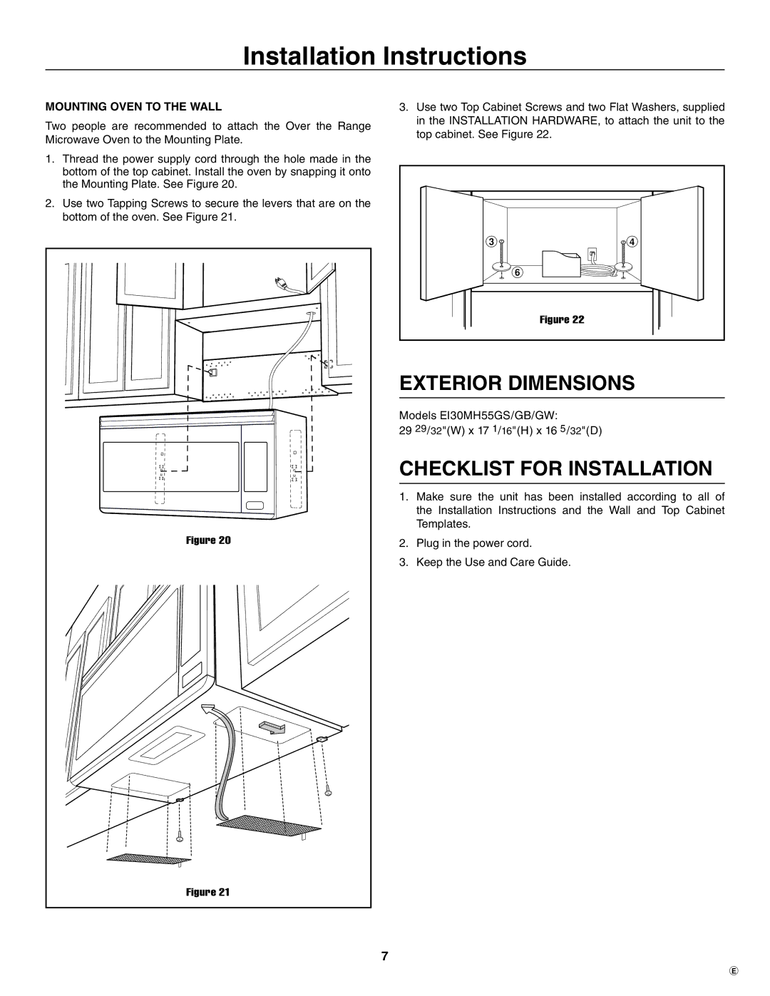 Electrolux TINSEB484MRR0 Exterior Dimensions, Checklist for Installation, Mounting Oven to the Wall 