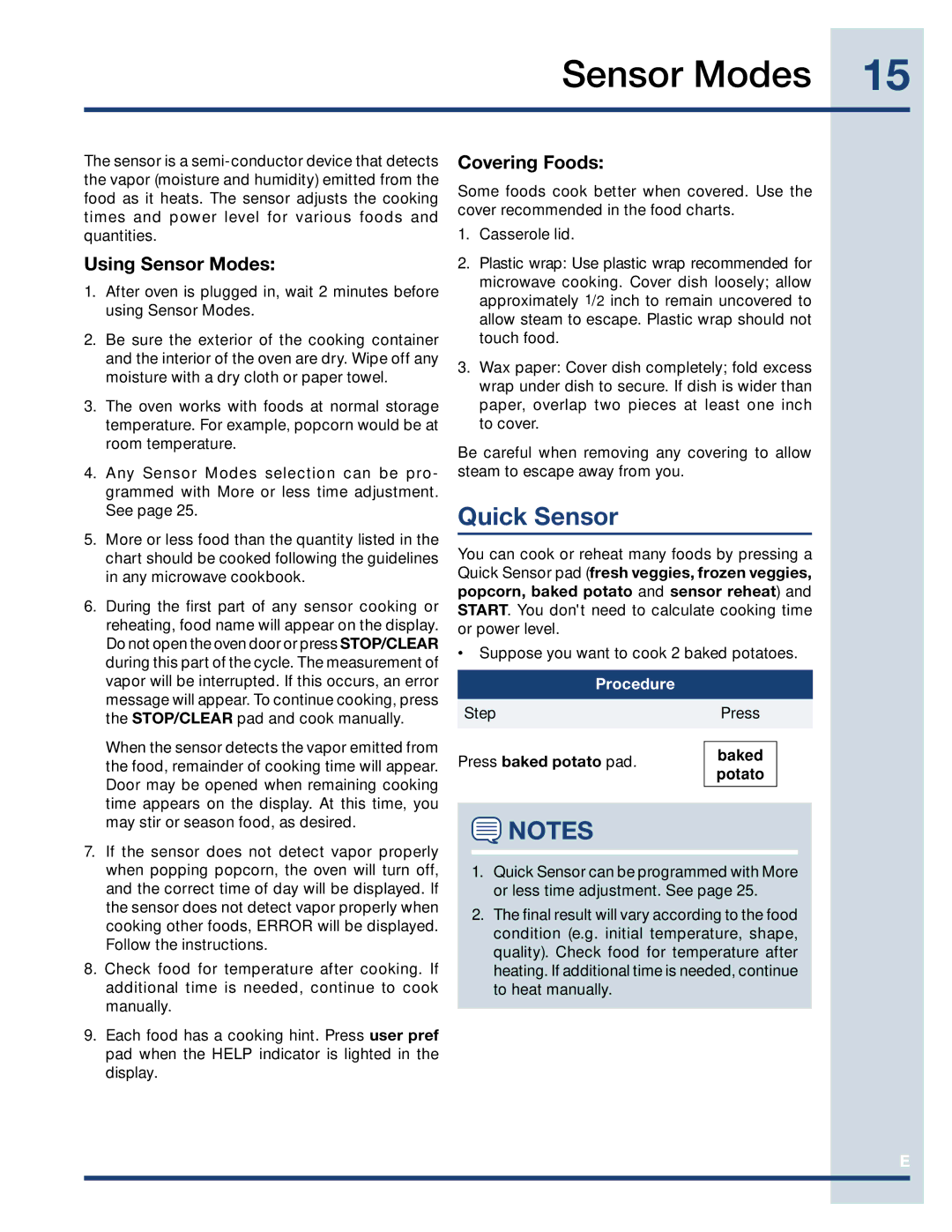 Electrolux TINSEB488MRR0, EI30MO45GS, EI7MO45GS manual Quick Sensor, Using Sensor Modes, Covering Foods 