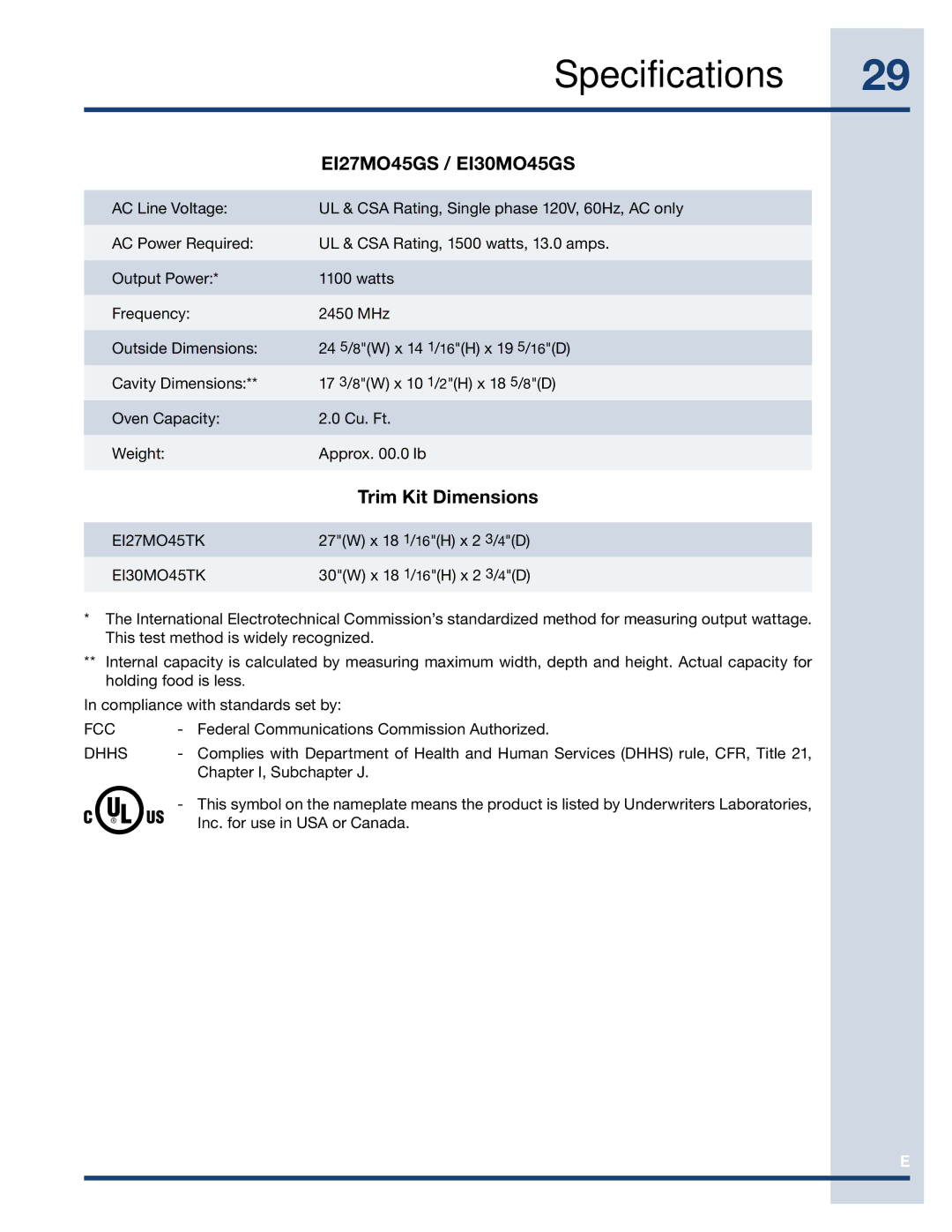 Electrolux EI7MO45GS, TINSEB488MRR0, EI30MO45GS manual Specifications, Trim Kit Dimensions 